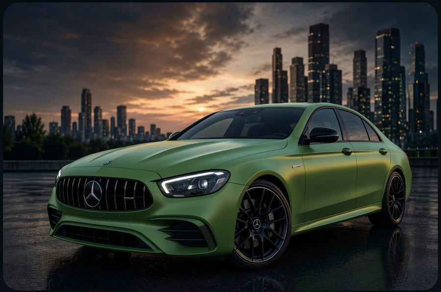 A car previewed in matte green